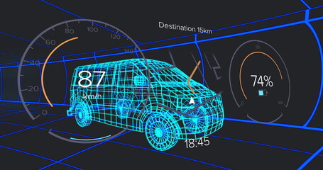 Navigating wireframe van model moving through neon blue grid tunnel, with HUD speedometer gauge