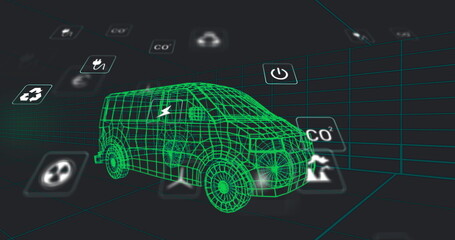 Floating wireframe van model hovering in neon grid simulation space, with translucent energy icons