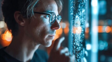 A man with glasses examines a digital interface, symbolizing technology, innovation, and data analysis in a futuristic setting.
