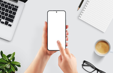 Flat lay scene with smartphone mockup in hand, touch gesture in progress, perfect for showcasing...
