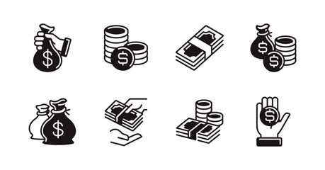 simple money currency icon line set money cash dollar bag billfold and pile of coin signs vector illustration for web and app