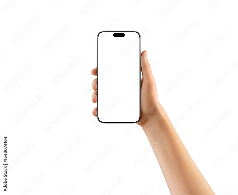 Aufkleber hand holding modern smartphone with blank screen on transparent background. perfect for app previews