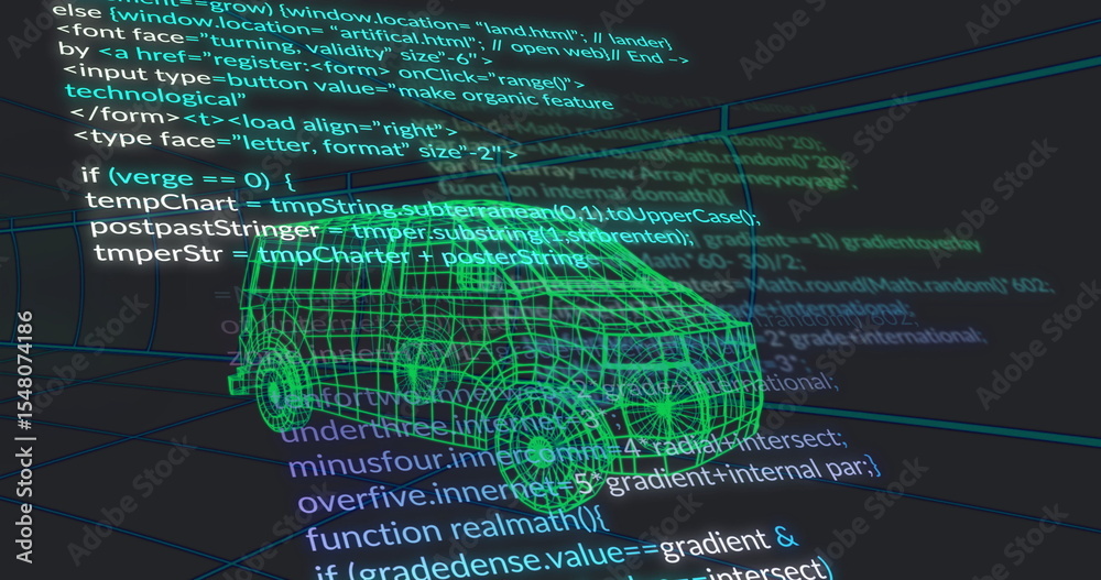 Poster visualizing green wireframe van model rotating in virtual 3d grid environment, with code overlays