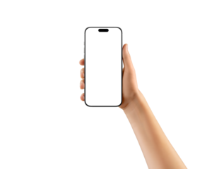 Hand holding modern smartphone with blank screen on transparent background. Perfect for app previews, UI mockups, and mobile product promotions