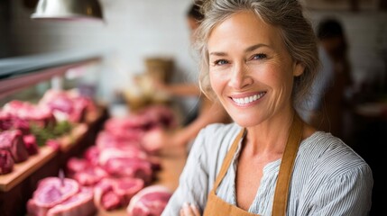 A smiling, older woman in a butcher shop, showcasing a display of fresh meat.