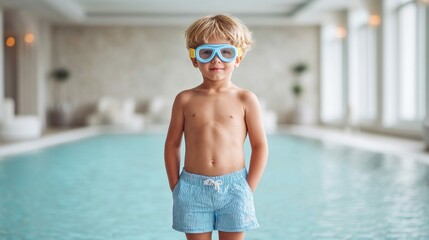 A young boy stands confidently in front of a swimming pool, wearing goggles and swim shorts.