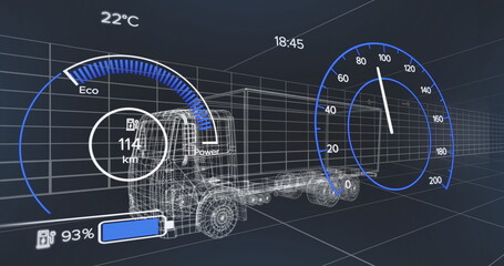 Displaying wireframe truck model moving on dark 3D grid interface, power gauge and speedometer
