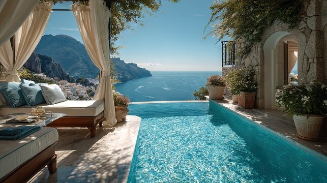 Luxury cliffside infinity pool overlooking the Amalfi Coast with Mediterranean decor and panoramic sea views under a clear summer sky