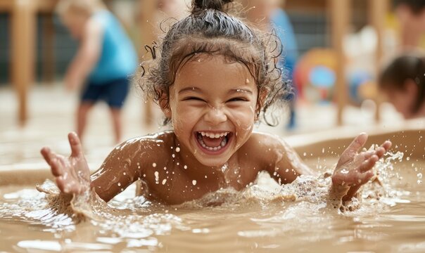 A joyful child splashes in muddy water, laughing with pure delight at an outdoor play area.