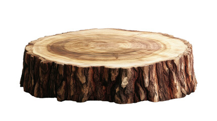 Natural tree trunk wood podium with round wooden surface rustic display stand for product presentation isolated on white background
