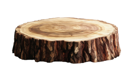 Natural tree trunk wood podium with round wooden surface rustic display stand for product presentation isolated on white background