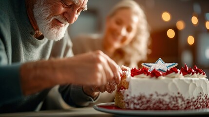 An elderly man cuts a slice of cake decorated with a star, likely celebrating a special event with his partner.