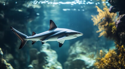 Lone shark in a perfectly lit aquarium, no movement, symbolic stagnation in life generative ai