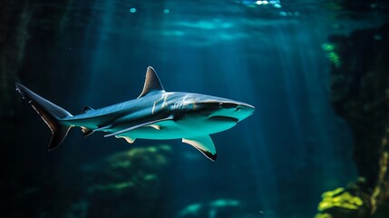 Lone shark in a perfectly lit aquarium, no movement, symbolic stagnation in life generative ai