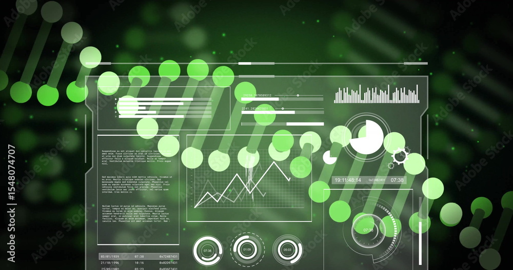 Poster showing translucent dashboard operating in data interface, with dna helix, charts and data points
