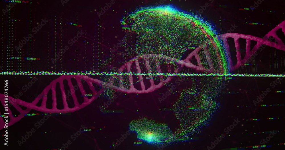 Poster showing dna helix in data space, with globe, numeric overlays, glitch scan lines and dot clusters