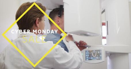 Adjusting dentist positioning X-ray arm around patient head in clinic, with digital display