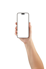 Female hand holding smartphone with blank screen, isolated on transparent background. Perfect for mobile UI, app previews, and product design