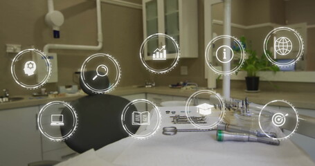 Displaying dental tray with handpieces, probes and mirror in exam room with icons, copy space