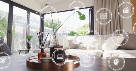 Displaying copper tray with vase, plant and coasters on coffee table in living room, UI overlay