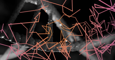 Displaying abstract polygonal mesh in digital scene, with neon triangular lines and blurred forms © vectorfusionart