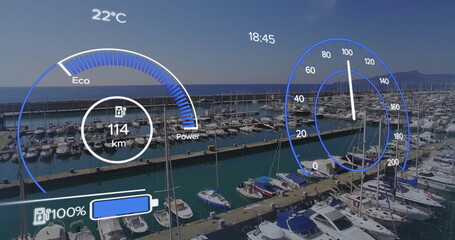 Displaying digital HUD showing speedometer, range, battery bar over marina docks, with boats