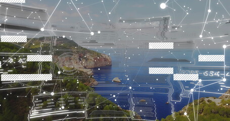 Overlaying digital network nodes and rectangular data blocks across green cliffs and calm blue sea