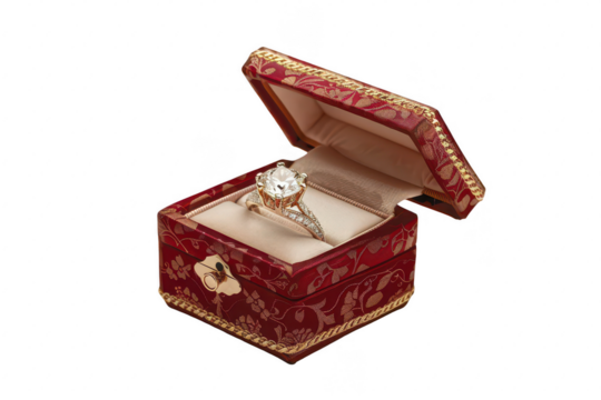 Diamond ring in a maroon, ornate box