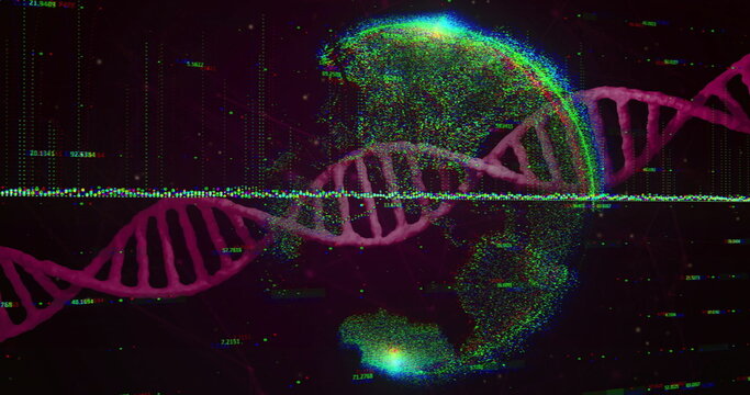 Naklejki Showing DNA helix in data space, with globe, numeric overlays, glitch scan lines and dot clusters