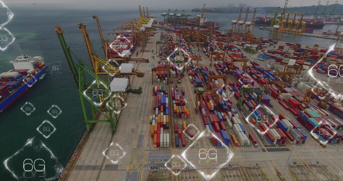 Showing aerial port quay with containers, gantry cranes and container ships under digital 6G icons