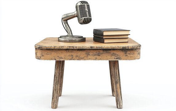 A school desk with a microphone and book placed on it, symbolizing the intersection of education and modern communication tools. Generative AI.