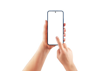 Isolated, transparent female hands holding and tapping smartphone with blank screen. Ideal for...