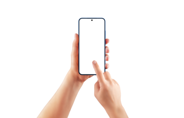 Isolated, transparent female hands holding and tapping smartphone with blank screen. Ideal for mobile app mockup, UX design, or UI preview
