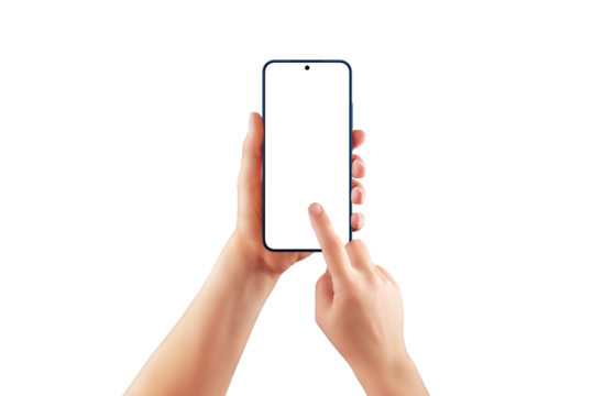 Isolated, transparent female hands holding and tapping smartphone with blank screen. Ideal for mobile app mockup, UX design, or UI preview
