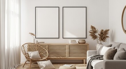 Interior with two blank posters above wooden cabinet 3d render living room mockup