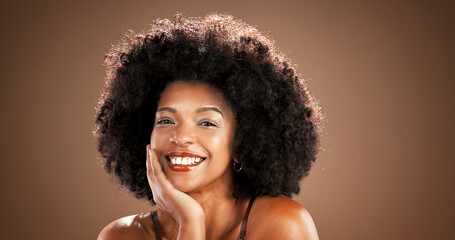 Beauty, woman and portrait with smile in studio with natural foundation, skincare glow and makeup. Mockup, happy and african person with healthy skin from cosmetics or dermatology on brown background © Pixi/peopleimages.com