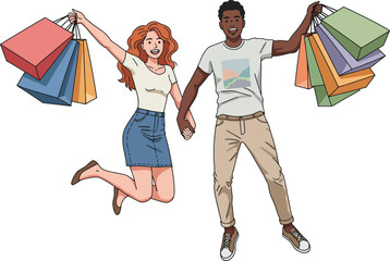 Illustration of a multiracial couple holding shopping bags, jumping with happiness, isolated on white background