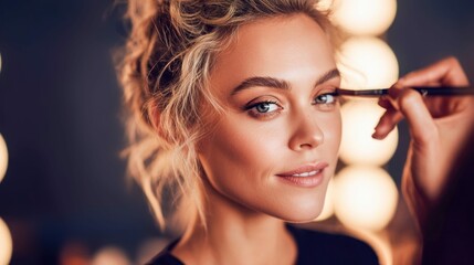 Obraz premium A woman is getting makeup applied, showcasing beauty and the artistic process of professional cosmetic application.