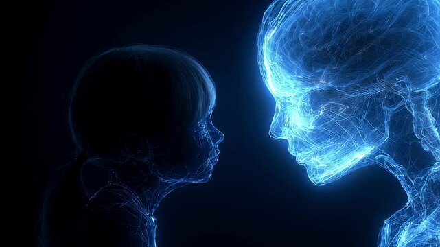 Powerful medical visualization revealing neural energy connection flowing between mother and child, representing deep emotional bonding and biological interdependence