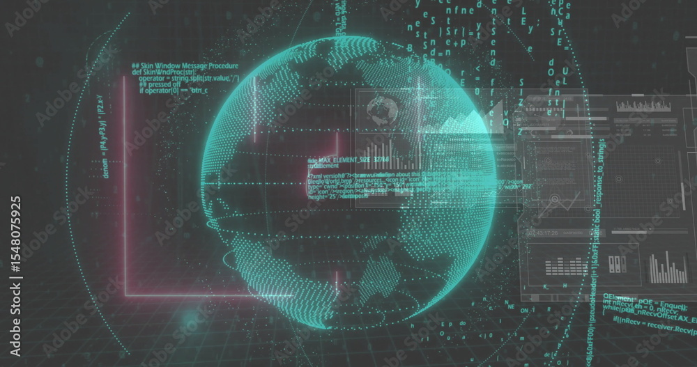 Poster rotating glowing wireframe globe appearing in futuristic interface, with code and data panels