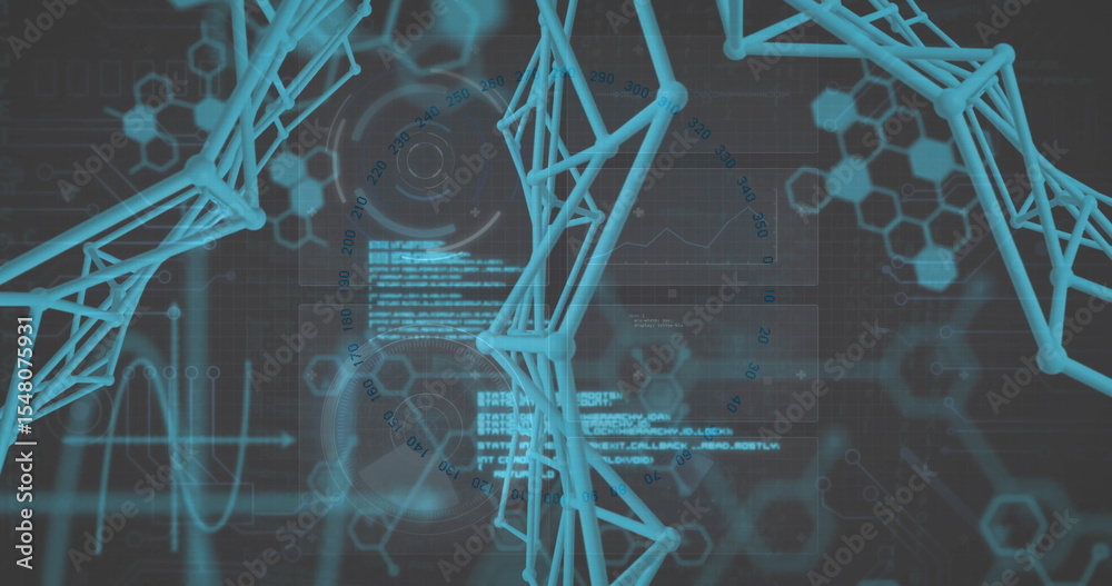 Poster visualizing light-blue 3d lattice twisting through interface, with hex grids, gauges, code blocks