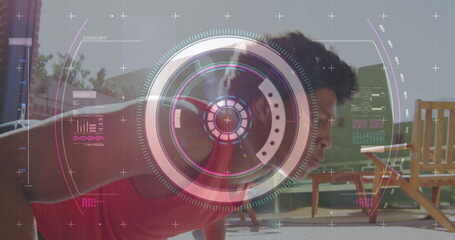 Performing pushups man wearing red shirt powering on tiled patio, wooden chairs, HUD overlay