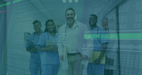 Standing physician in white coat holding patient files in corridor with nurses and code overlay