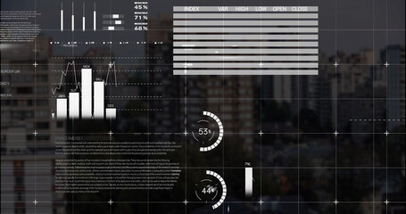 Presenting data overlay over city skyline, with bar and line charts, gauges, grid lines and tables
