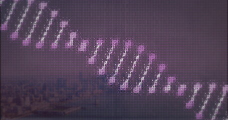 Forming DNA double helix in purple backdrop, glowing nodes, lines, pixel grid, waterfront skyline