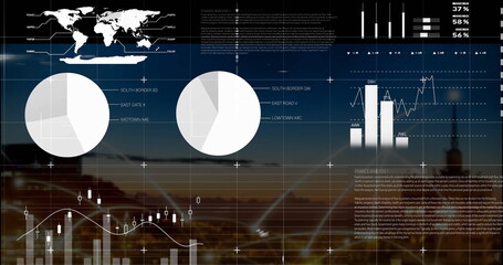 Dashboard overlaying dusk skyline, with world map, pie charts and bar, line and candlestick charts