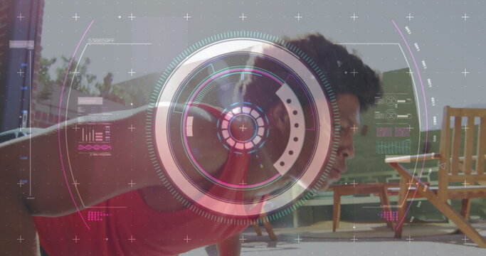 Performing pushups man wearing red shirt powering on tiled patio, wooden chairs, HUD overlay