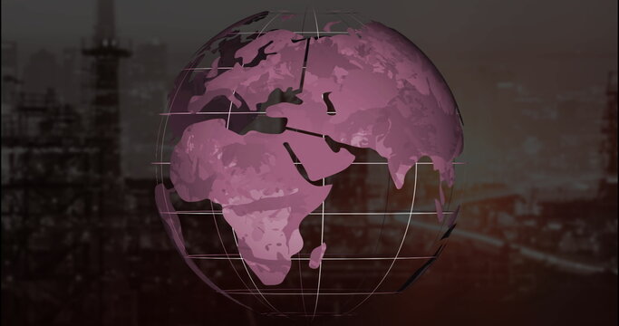 Rotating 3D globe showing pink continents over refinery towers at twilight, with white grid lines - Powered by Adobe