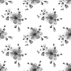 Seamless roses pattern. Watercolor floral background with black and white flower, leaf, branch. Botanical illustration for textile, wrapping paper, wedding decoration