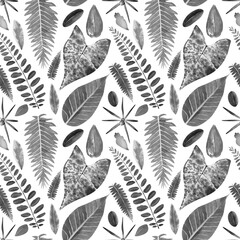 Tropical leaves background. Seamless watercolor pattern with black and white botanical illustration with protea, palm, banana, acacia leaf